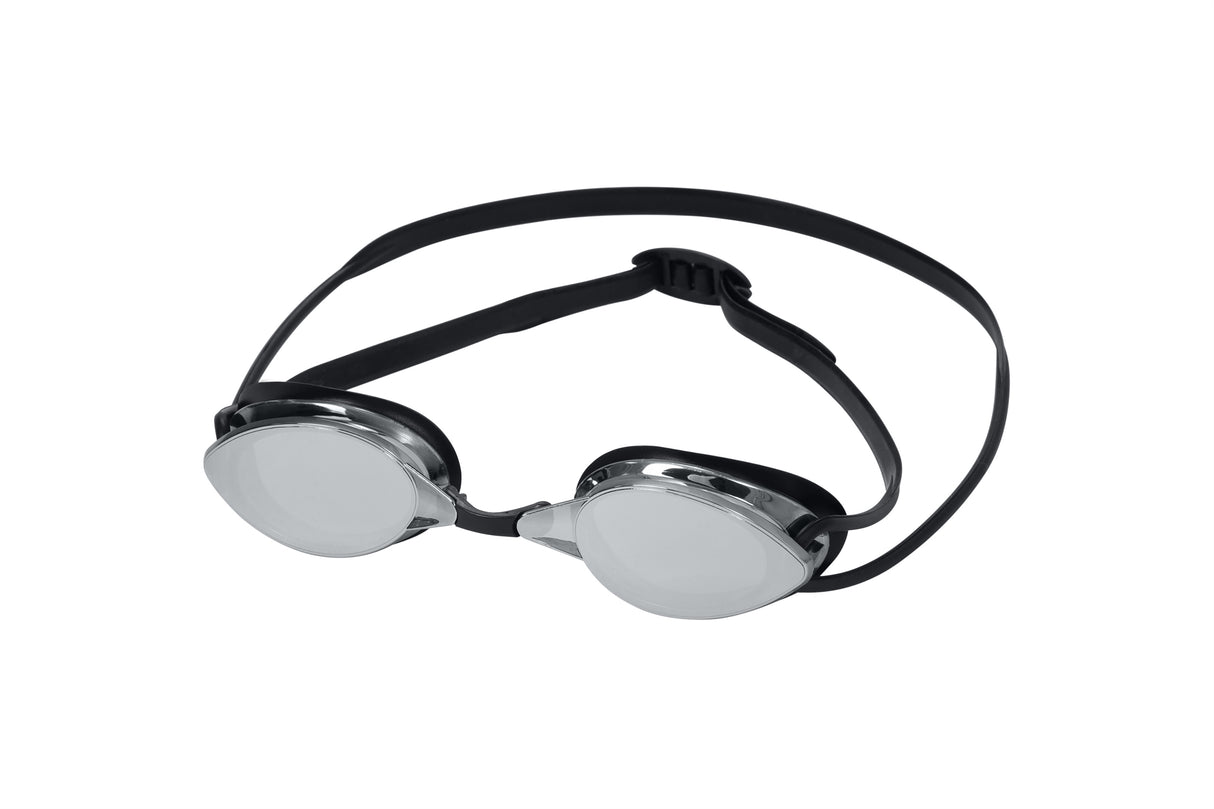 This image shows the black goggles on a white background. The eyecups are a mirrored-silver color.