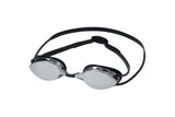 This image shows the black goggles on a white background. The eyecups are a mirrored-silver color.