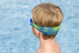 This is a lifestyle image showing the back of a young boy's head wearing the goggles. It shows off the unique stretchy lycra fabric design, in the blue and lime green color option.