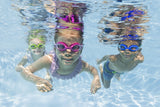 This is a lifestyle image showing three young kids all wearing a different set of goggles underwater.