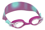 This image shows the goggles on a white background. The eyecups are magenta and the headband is magenta with teal accents.