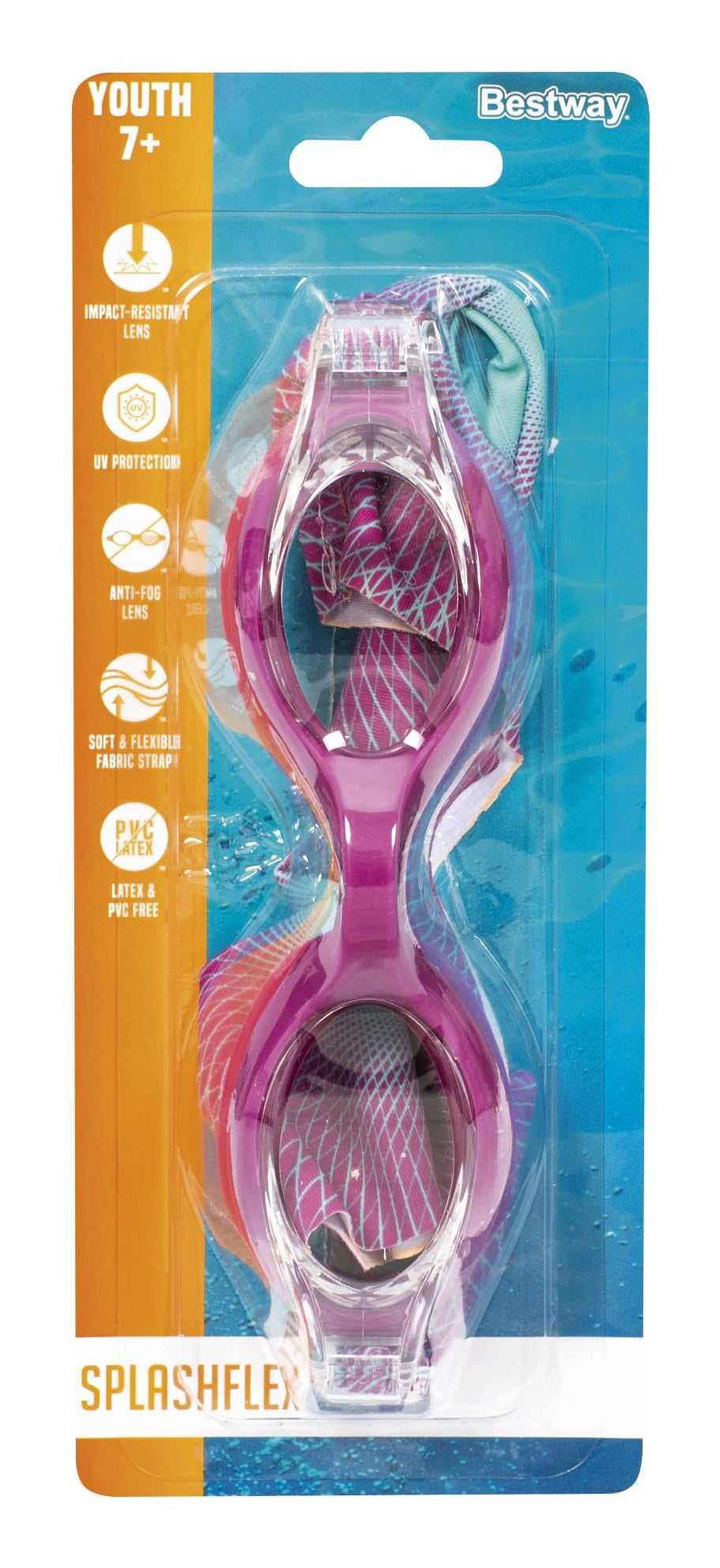 This image shows the packaging that the goggles come in. This is the magenta and teal color option. It reads "Youth 7+. Bestway. Impact-resistant lens. UV protection. Anti-fog lens. Soft & flexible fabric strap. Latex & PVC free. SplashFlex goggles."