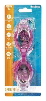 This image shows the packaging that the goggles come in. This is the magenta and teal color option. It reads "Youth 7+. Bestway. Impact-resistant lens. UV protection. Anti-fog lens. Soft & flexible fabric strap. Latex & PVC free. SplashFlex goggles."
