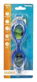 This image shows the packaging that the goggles come in. This is the blue and lime green color option. It reads "Youth 7+. Bestway. Impact-resistant lens. UV protection. Anti-fog lens. Soft & flexible fabric strap. Latex & PVC free. SplashFlex goggles."