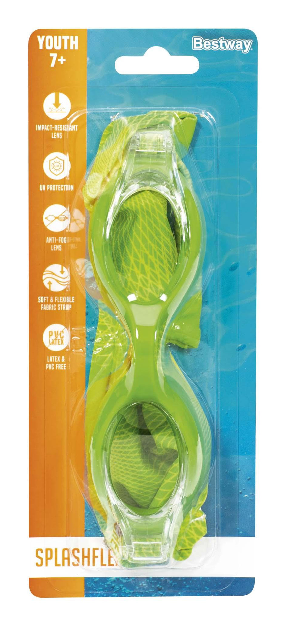 This image shows the packaging that the goggles come in. This is the lime green and yellow color option. It reads "Youth 7+. Bestway. Impact-resistant lens. UV protection. Anti-fog lens. Soft & flexible fabric strap. Latex & PVC free. SplashFlex goggles."
