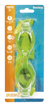 This image shows the packaging that the goggles come in. This is the lime green and yellow color option. It reads "Youth 7+. Bestway. Impact-resistant lens. UV protection. Anti-fog lens. Soft & flexible fabric strap. Latex & PVC free. SplashFlex goggles."