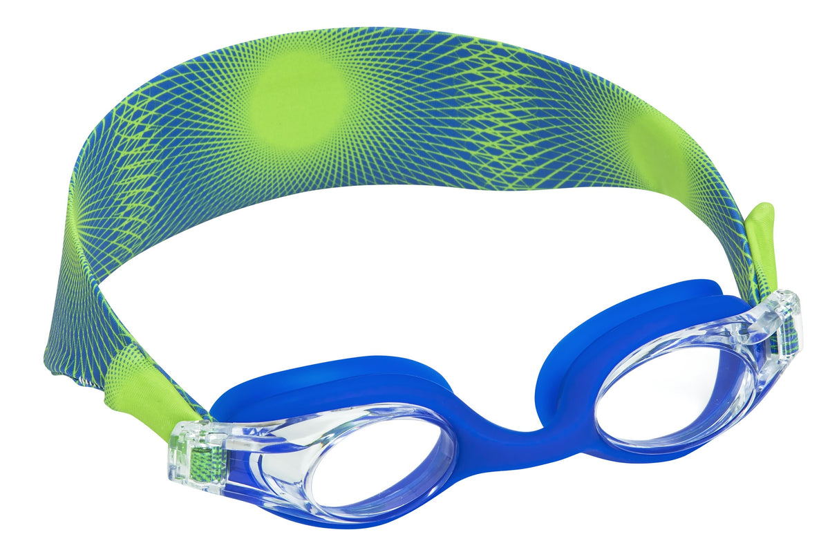 This image shows the goggles on a white background. The eyecups are blue and the headband is blue with lime green accents.