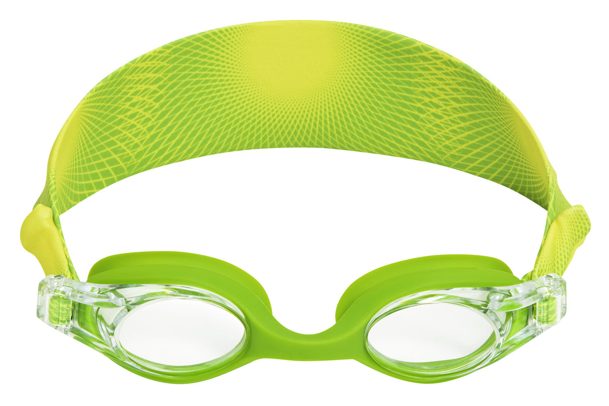 This image shows the goggles on a white background. The eyecups are lime green and the headband is lime green with yellow accents.
