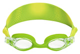 This image shows the goggles on a white background. The eyecups are lime green and the headband is lime green with yellow accents.