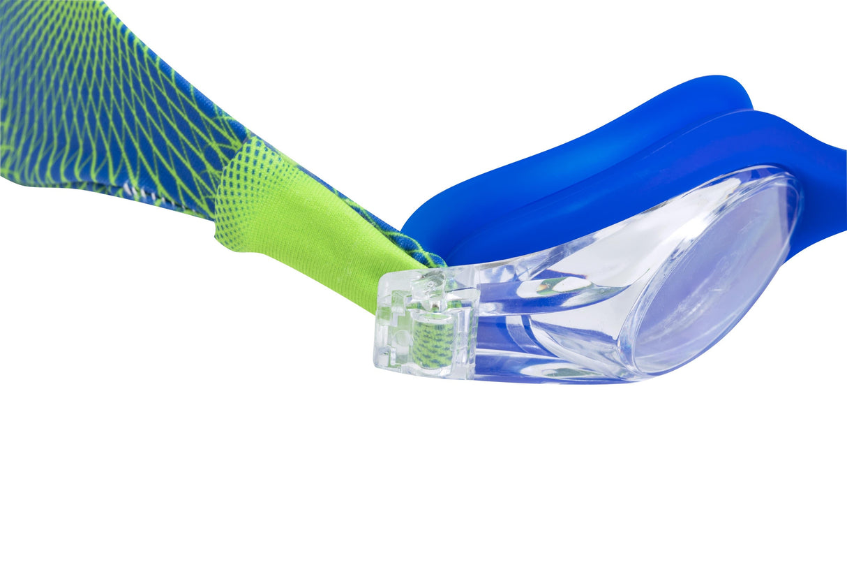 This image shows how thick the eyecups are on these goggles. This is the blue and lime green option. This also focuses on how adjustable the head strap is.
