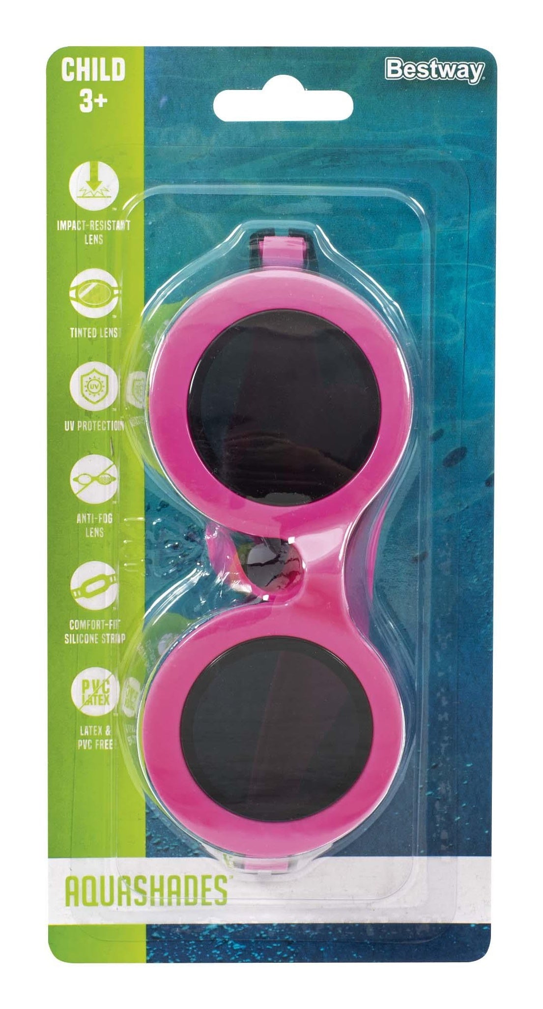 This image shows the packaging that the neon pink goggles come in. It reads "Child 3+. Bestway. Impact-resistant lens. Tinted lens. UV-protection. Anti-fog lens. Comfort-fit silicon strap. Latex and PVC free. AquaShades."