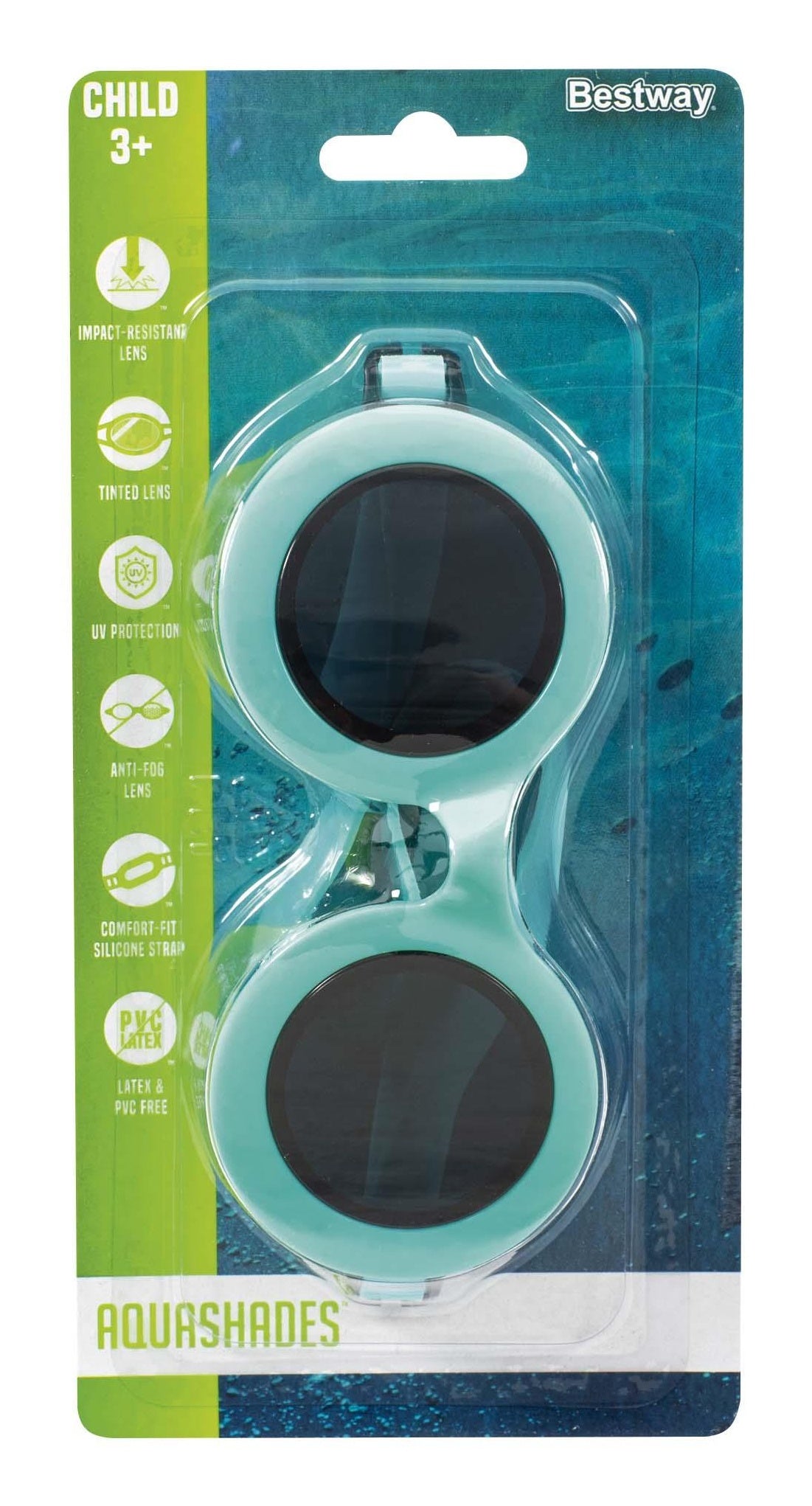 This image shows the packaging that the neon blue goggles come in. It reads "Child 3+. Bestway. Impact-resistant lens. Tinted lens. UV-protection. Anti-fog lens. Comfort-fit silicon strap. Latex and PVC free. AquaShades."