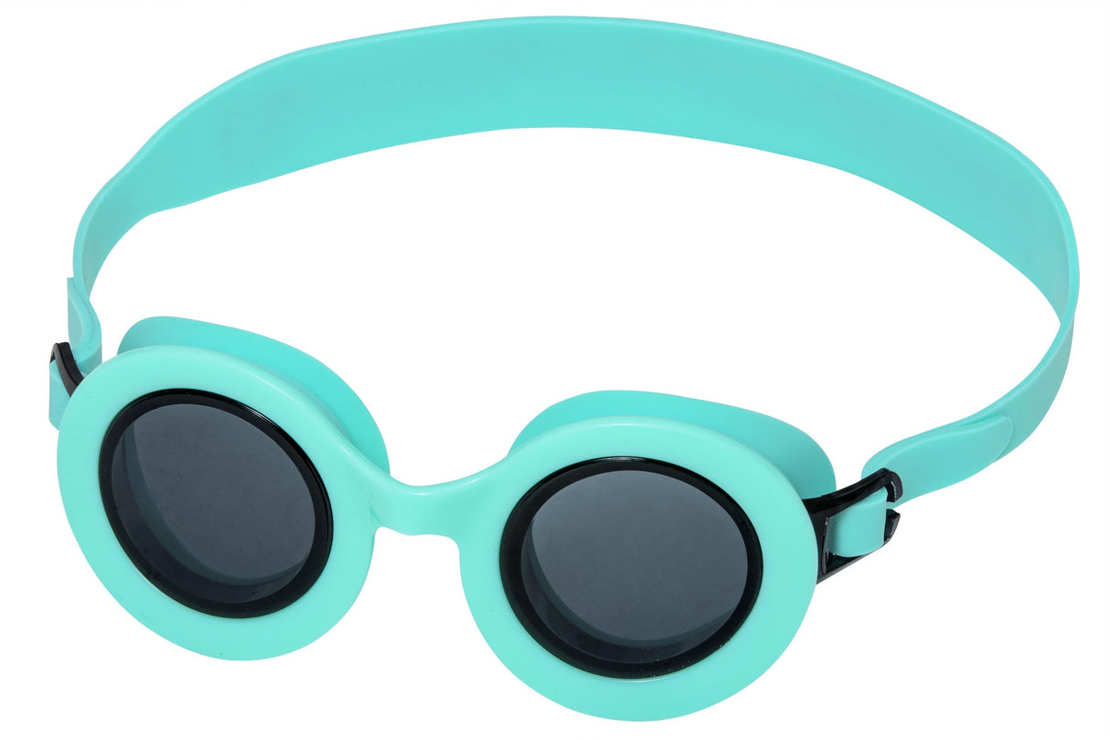 This image shows the neon blue colored swim goggles with black lenses on a white background.