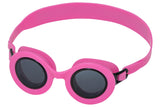This image shows the neon pink colored swim goggles with black lenses on a white background.