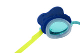 This is an up close view of the inside of the eyecup of the turtle themed kids' goggles on a white background.