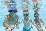 This is a lifestyle image showing three kids underwater, all wearing a different pair of goggles.