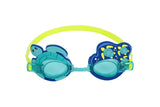 This image shows the turtle themed kids goggles on a white background. The lenses are teal and the strap is a neon yellow color. On the left eyecup, there's a large teal sea turtle. On the right eyecup, there are three small teal and neon yellow colored sea turtles on a blue background.