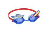 This image shows the shark themed kids goggles on a white background. The lenses are blue and the strap is red. On the left eyecup, there's a gray colored shark with three light blue and white waves. On the right eyecup, there's a red and yellow surfboard with a chunk bitten out of it.