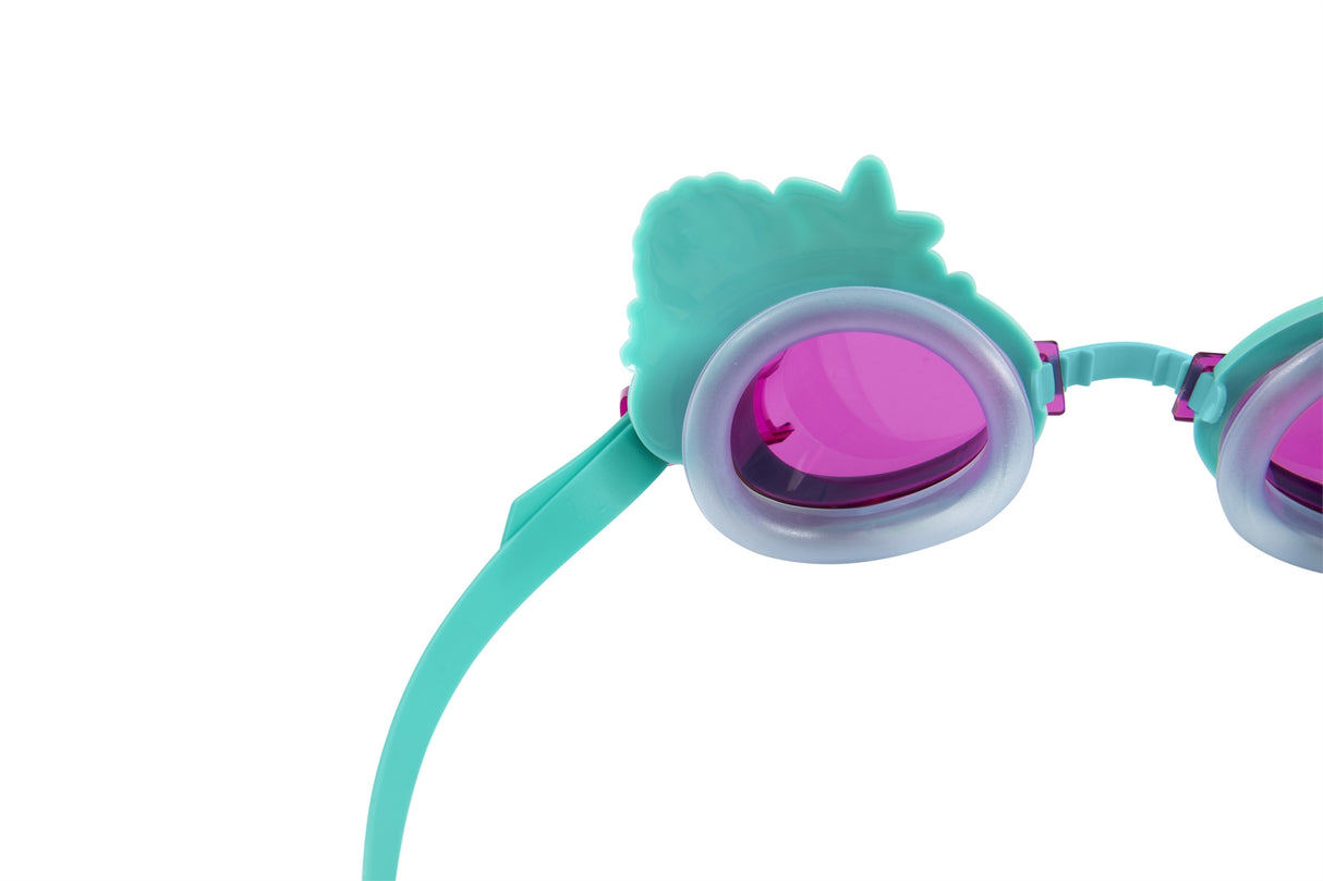 This is an up close view of the inside of the eyecup of the mermaid themed kids' goggles on a white background.