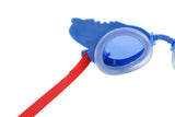 This is an up close view of the inside of the eyecup of the shark themed kids' goggles on a white background.