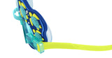 This is an up close view of the turtle themed goggles on a white background. This image shows off the texture different turtles on the eyecup.