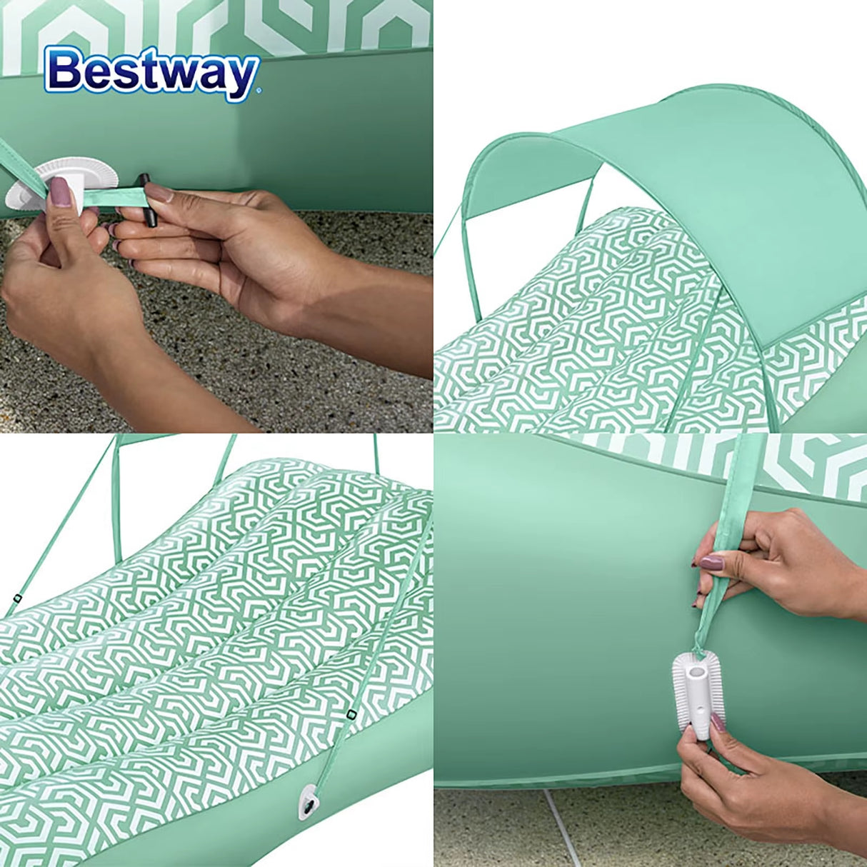 This is a compilation image showing how to attach the sunshade to the float.