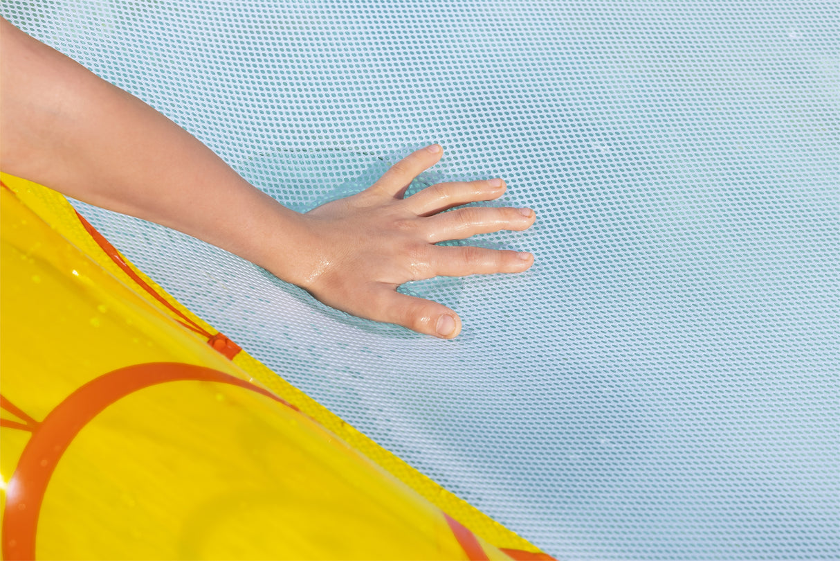 This is a lifestyle image showing a hand on the meshy bottom of the float so you can see that you can still feel the water.