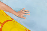 This is a lifestyle image showing a hand on the meshy bottom of the float so you can see that you can still feel the water.