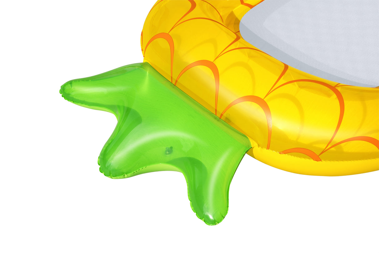 This is an up close view of the green headrest on the pineapple float.