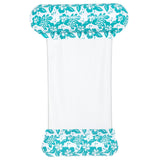 This image shows the pool hammock on a white background. The headrest and the leg rest are a floral teal and white design. There's a mesh bottom.