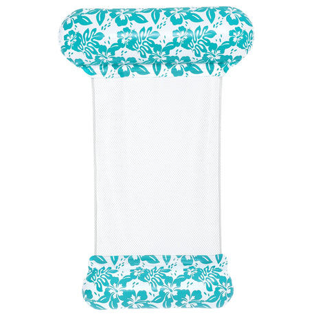 This image shows the pool hammock on a white background. The headrest and the leg rest are a floral teal and white design. There's a mesh bottom.