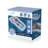 This is the packaging that this float comes in. It reads "H20GO! Customize your comfort. Use (detachable pillow) as backrest, footrest or for extra support. Oversized design. Cool down durable mesh. Wraparound backrest. Cup holder. Luxurious and breathable comfort plush lounge with pillow."