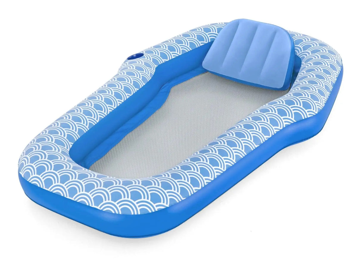 This image shows the pool float on a white background. The float features a blue and white design around the sides. The bottom of the float is made of mesh. There's a blue detachable pillow that can be used a headrest or a footrest. There's one cupholder built into the side.
