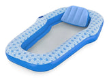 This image shows the pool float on a white background. The float features a blue and white design around the sides. The bottom of the float is made of mesh. There's a blue detachable pillow that can be used a headrest or a footrest. There's one cupholder built into the side.