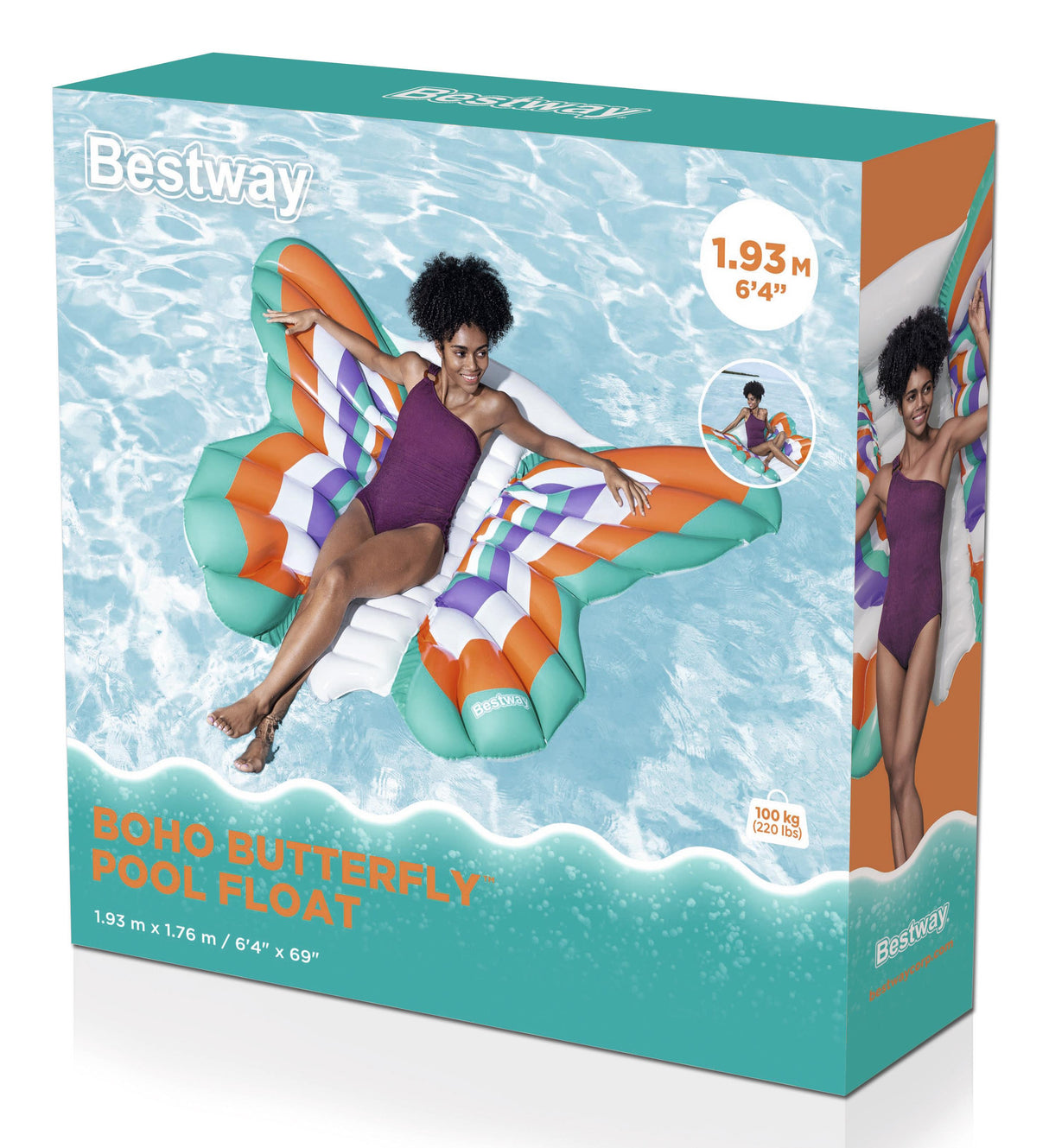 This image shows the packaging that this pool float comes in. It reads "Bestway Boho Butterfly Pool Float."