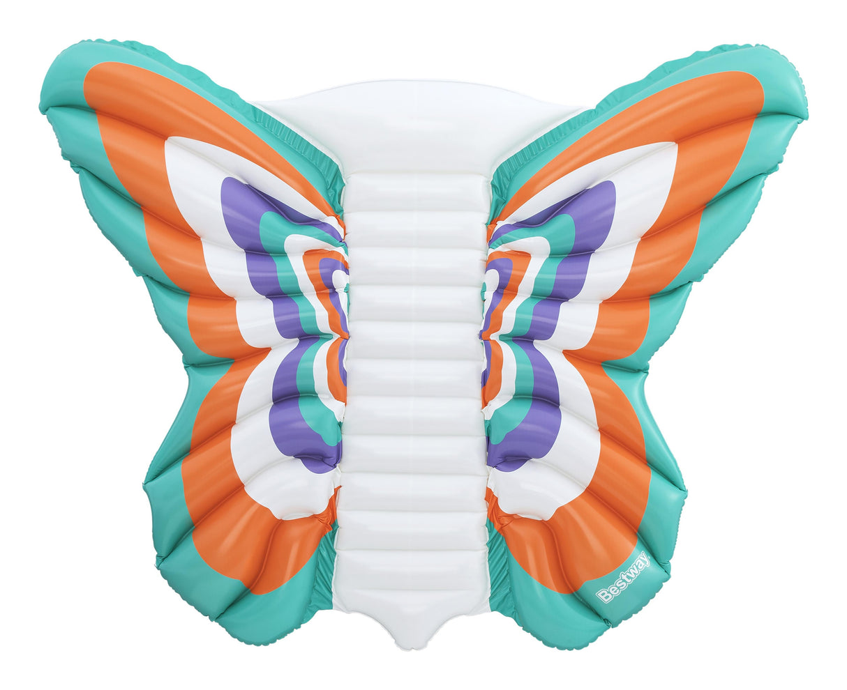 This image shows the butterfly shaped pool float on a white background. The butterfly wings are teal, orange, white and purple striped. The body of the butterfly is white.