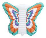This image shows the butterfly shaped pool float on a white background. The butterfly wings are teal, orange, white and purple striped. The body of the butterfly is white.