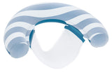 This image shows the light blue pool chair on a white background. The pool chair consists of a thick light blue and white striped pool noodle that has a mesh seat attached to it.