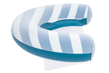 This image shows the light blue pool chair on a white background. The pool chair consists of a thick light blue and white striped pool noodle that has a mesh seat attached to it.