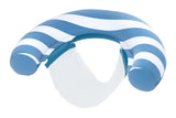 This image shows the blue pool chair on a white background. The pool chair consists of a thick blue and white striped pool noodle that has a mesh seat attached to it.