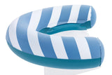 This image shows the blue pool chair on a white background. The pool chair consists of a thick blue and white striped pool noodle that has a mesh seat attached to it.