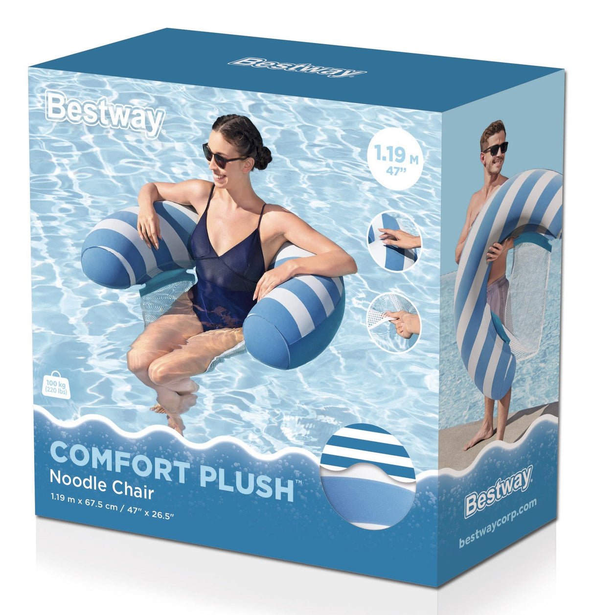 This is the packaging that this pool chair comes in. It reads "Bestway Comfort Plush Noodle Chair."