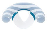 This image shows the light blue pool chair on a white background. The pool chair consists of a thick light blue and white striped pool noodle that has a mesh seat attached to it.