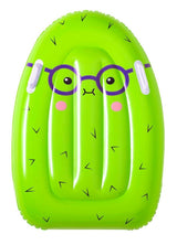 This image shows the cactus surf rider float. It's green with black "prickles" and is wearing round, purple glasses. It has a cute little mouth and pink cheeks. There's a handle on the left side and a handle on the right, they're both white.