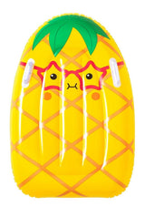 This image shows the yellow and orange pineapple surf rider float with green leaves up top. It's wearing red, star-shaped glasses and has a cute little mouth and orange cheeks. There's a handle on the left side and a handle on the right, they're both white. 