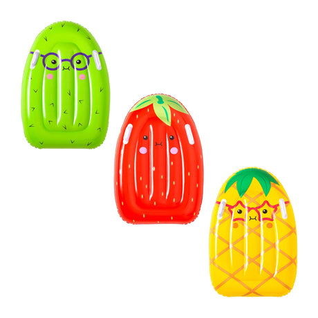 This image shows all three of the surf rider options on a white background. One is green and designed to look like a cactus wearing purple glasses. One is red and designed to look like a strawberry with green leaves on top. One is yellow and orange and designed to look like a pineapple with green leaves on top and wearing red star-shaped glasses.