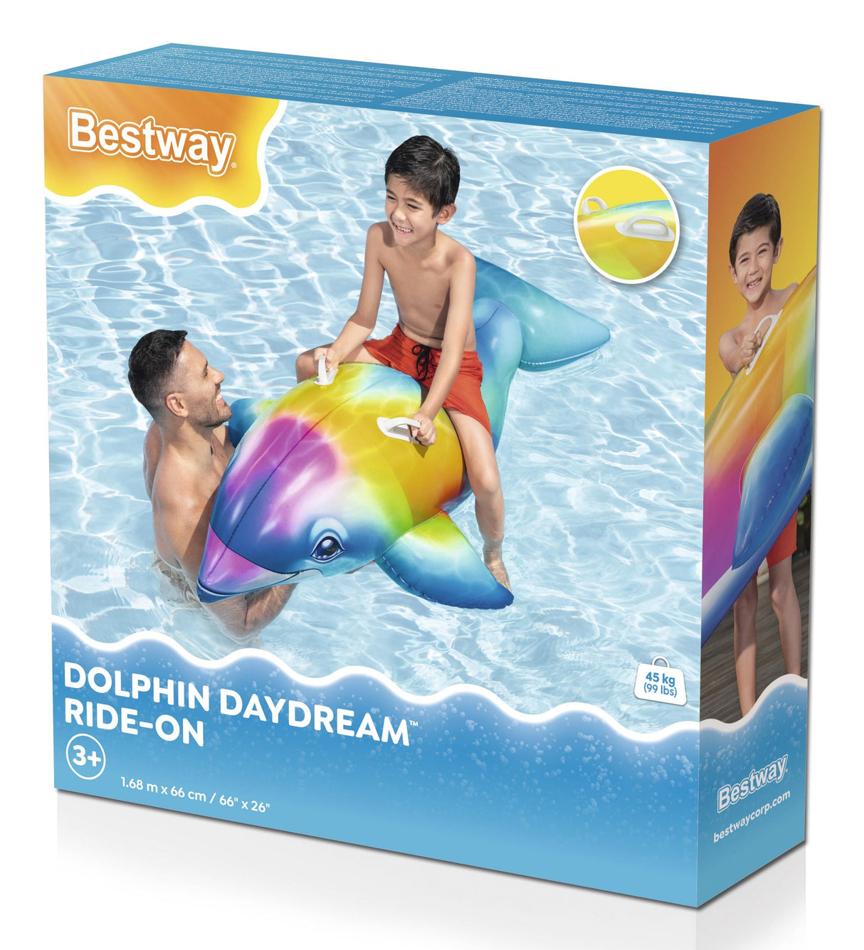 This image shows the packaging that this dolphin float comes in. It reads "Bestway Dolphin Daydream Ride-On. 3+"