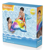 This image shows the packaging that this dolphin float comes in. It reads "Bestway Dolphin Daydream Ride-On. 3+"