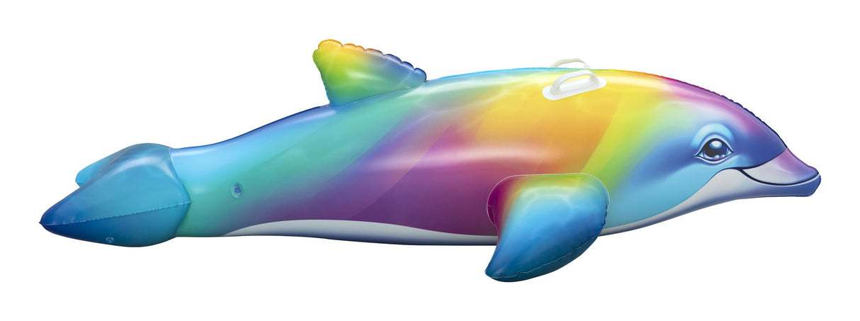 This image shows the dolphin ride-on float on a white background. The dolphin has realistic-looking eyes and a mouth. It's also a mix of different colors like blue, purple, magenta, yellow and orange.