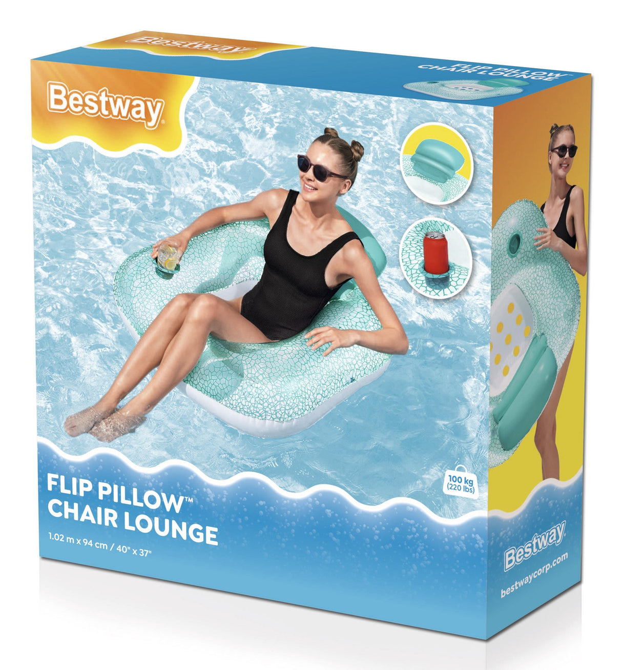 This is the packaging that this pool chair comes in. It reads "Bestway Flip Pillow Chair Lounge."
